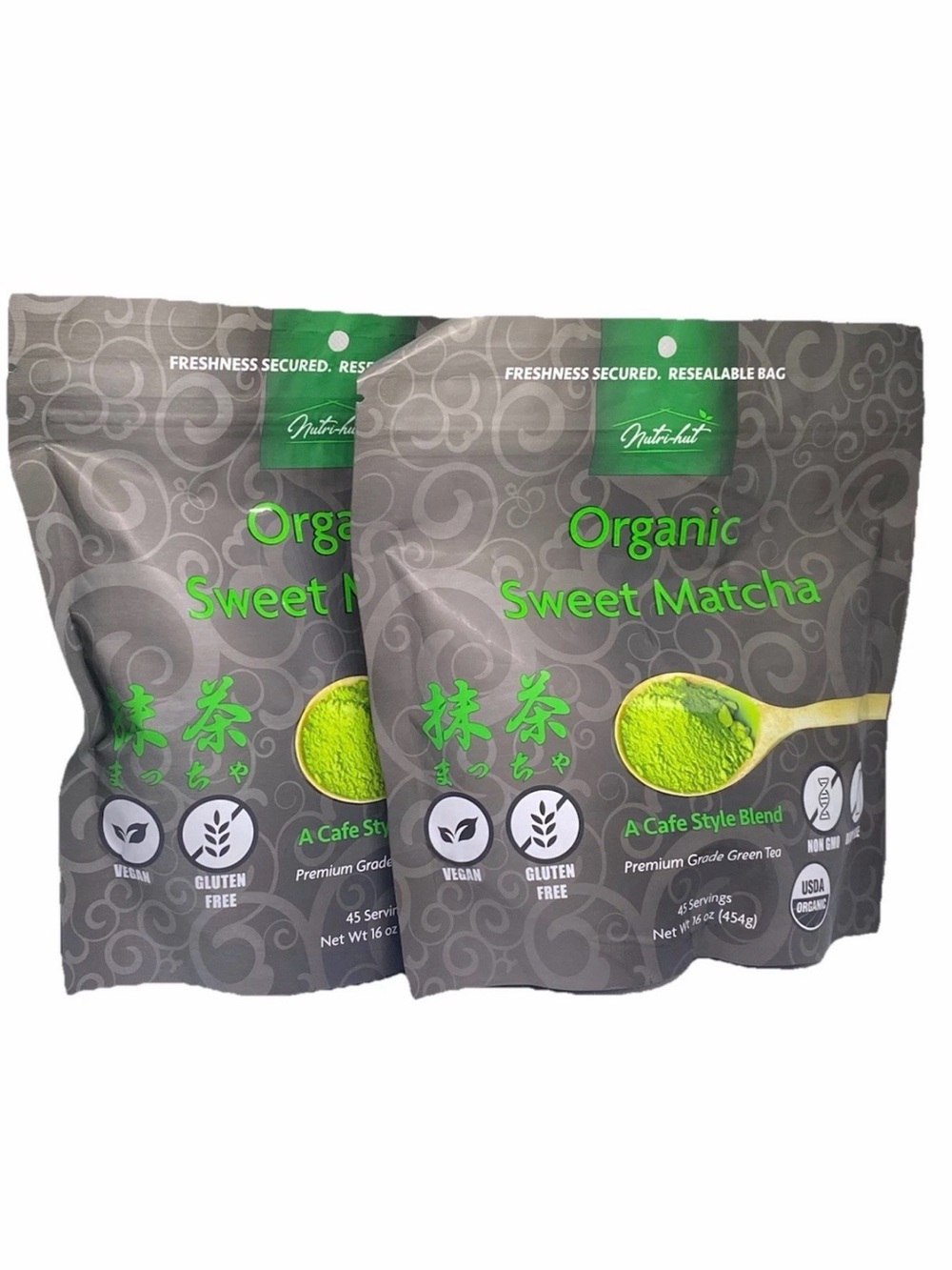 2 x Nutri-hut Organic Sweet Matcha Premium Grade Green Tea 16 oz USDA Organic
